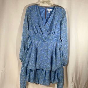 Light Blue Floral Ruffles V Neck Long-Sleeve Dress -Size Small